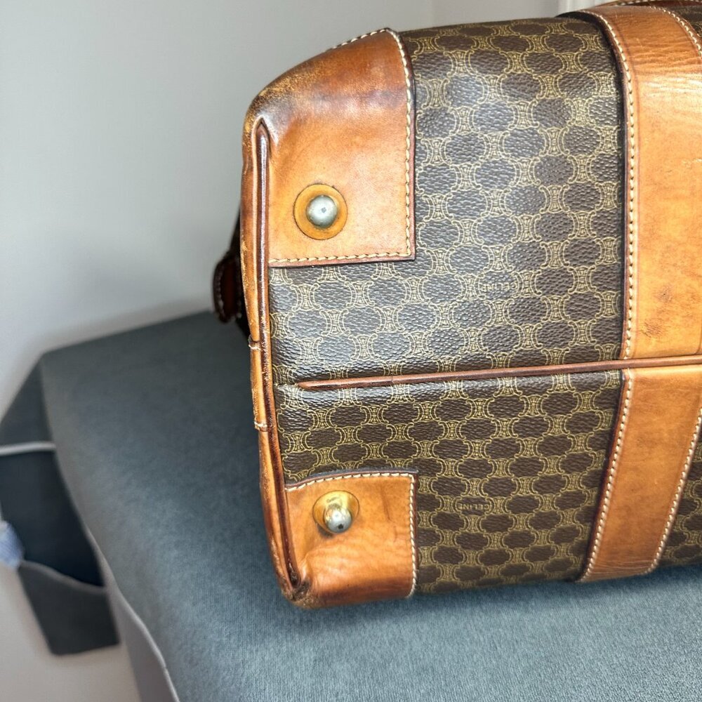 👜 VINTAGE CELINE MACADAM CANVAS & CALFSKIN BOSTON TRAVEL BAG - TAN LEATHER 👜 - Picture 5 of 13